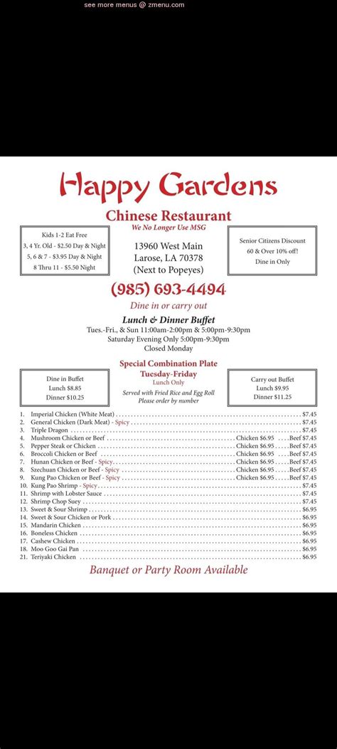 Happy gardens - Posts about Happy Gardens Chinese Restaurant. Celina Theresa Delatte is with Rogelio Rivera and . 2 others. at Happy Gardens Chinese Restaurant. · December 23, 2023 at 8:18 PM · Larose, LA · We're open Christmas Eve 11am-2pm and 5pm-9pm dine in and to go! We will be closed on Monday …